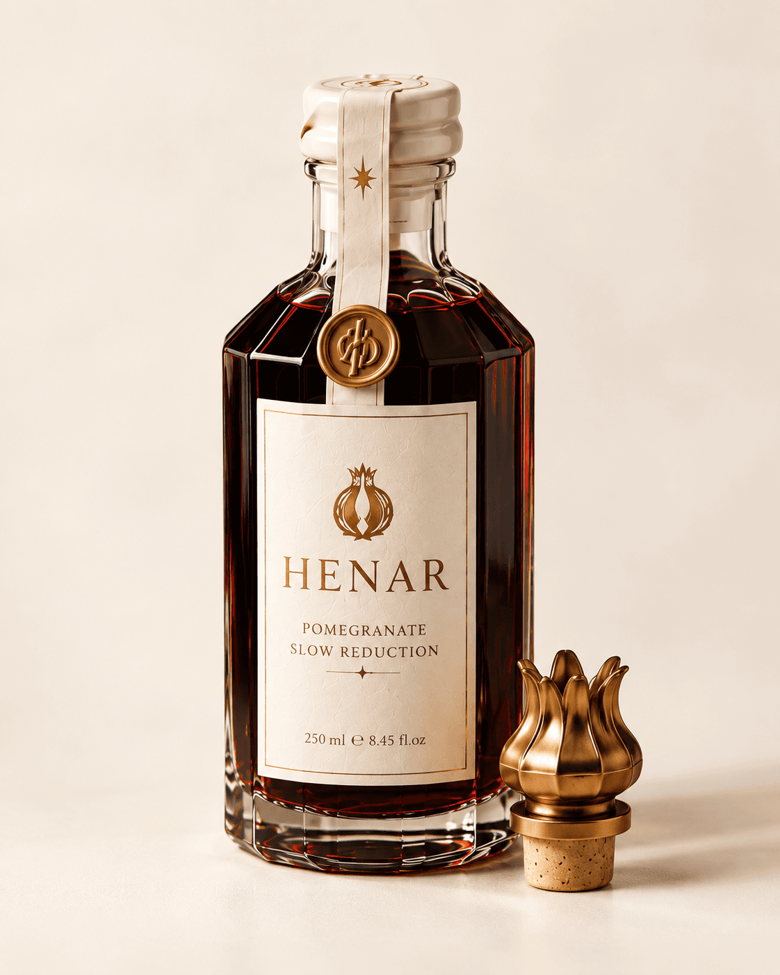 The Henar bottle on ivory, its gold crown stopper resting alongside