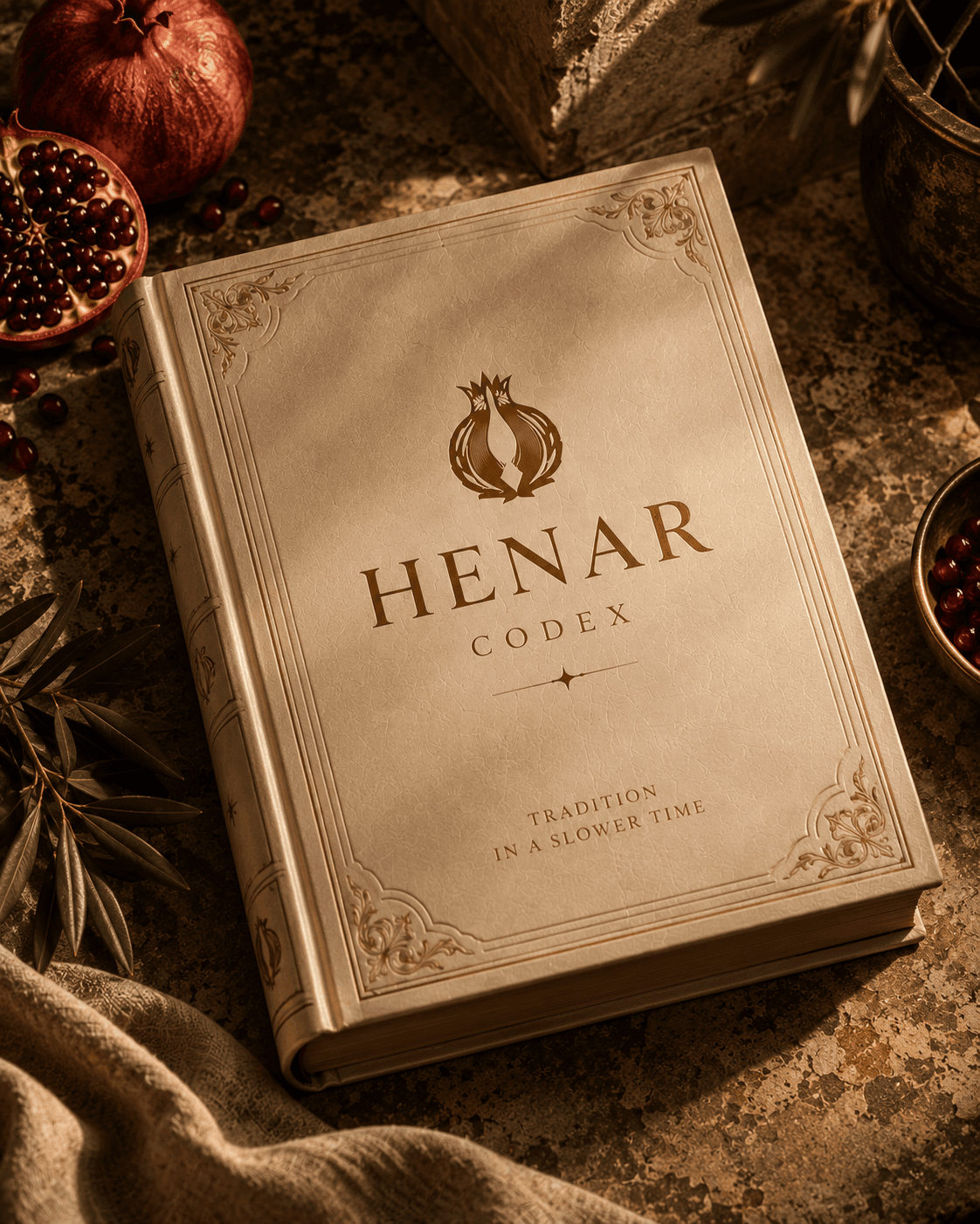 The Henar Codex, an embossed cream-bound book resting among pomegranates