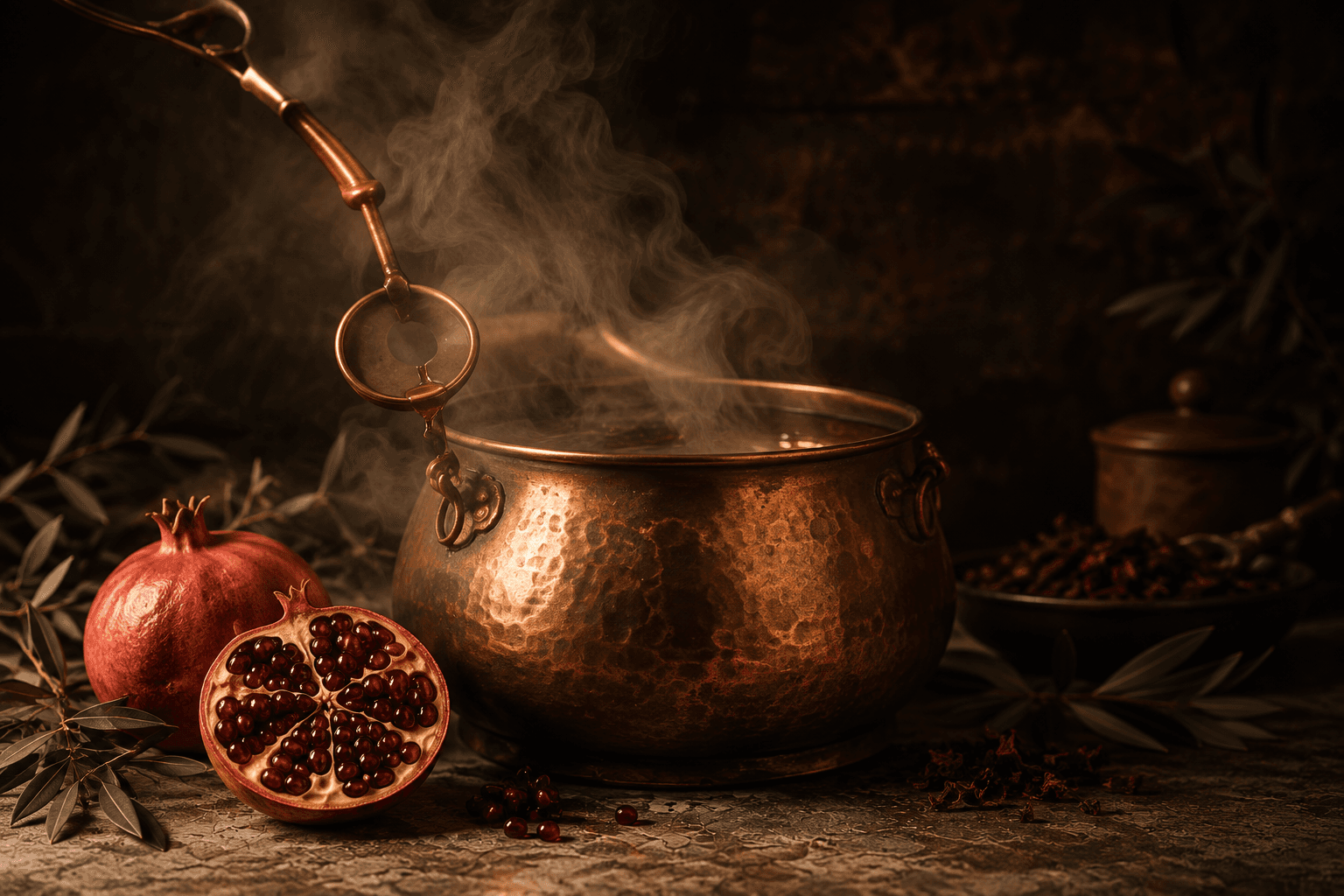 Pomegranates reducing in a hammered copper cauldron, steam rising from the surface