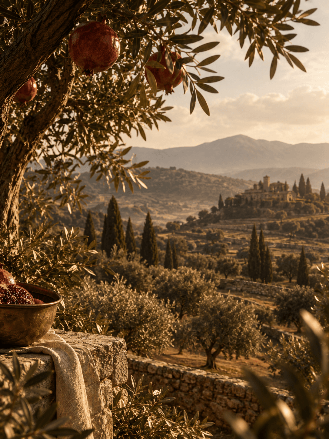 Pomegranates hanging above a terraced olive orchard at golden hour