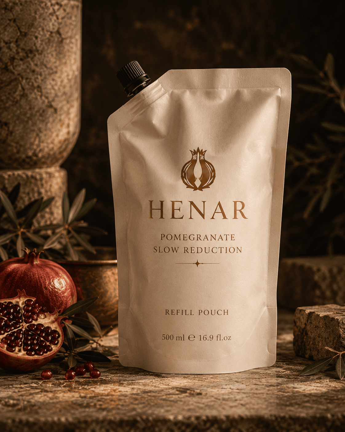 The Henar refill pouch standing on stone beside a halved pomegranate