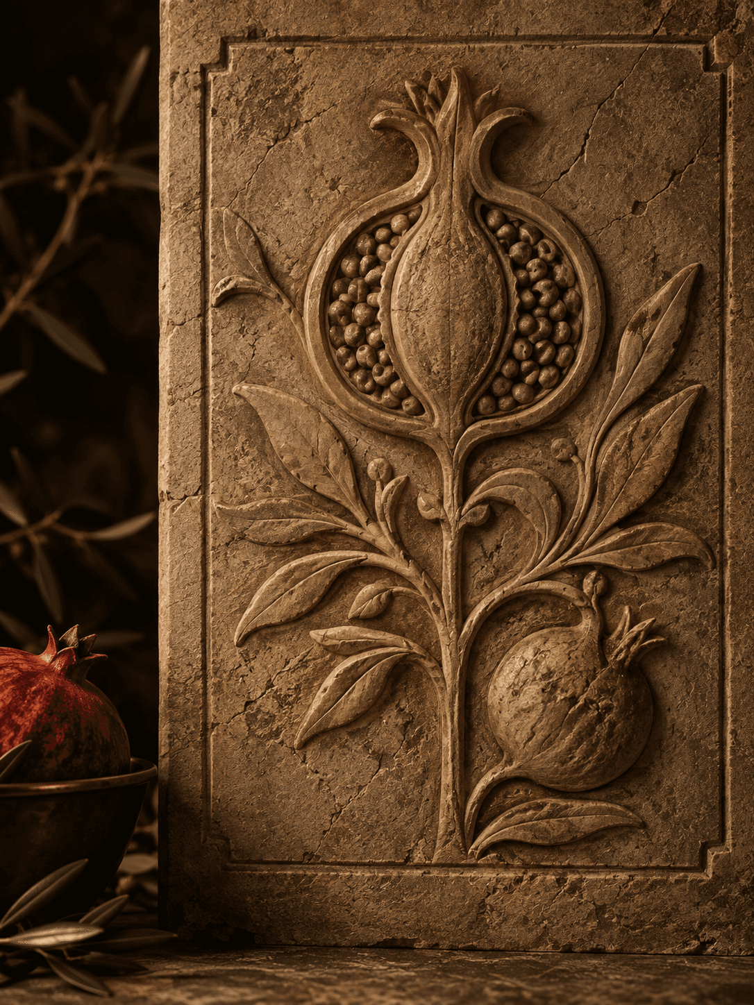 A pomegranate tree carved in relief on a weathered stone panel